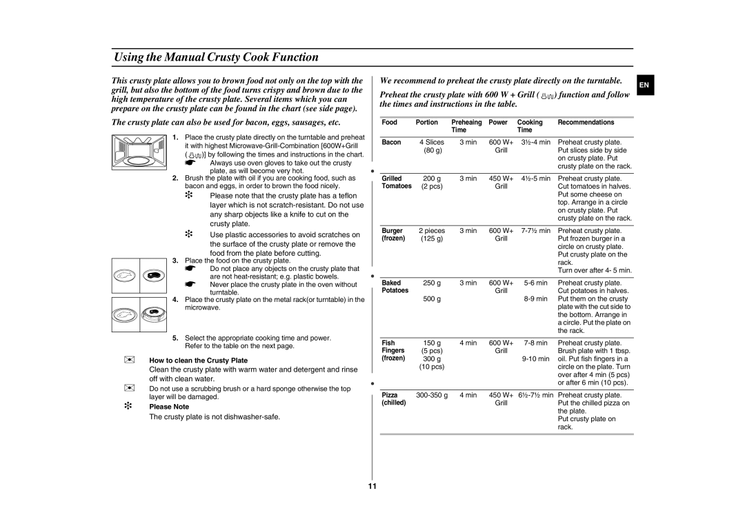 Samsung FG87KST/XEN, FG87KST/XEG, FG87KST/XEC, FG87KST/ELE manual Using the Manual Crusty Cook Function 