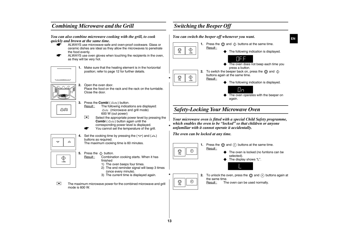 Samsung FG87KST/XEC manual Combining Microwave and the Grill Switching the Beeper Off, Safety-Locking Your Microwave Oven 