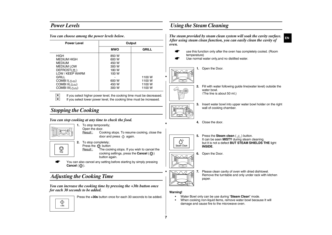 Samsung FG87KST/XEN Power Levels Using the Steam Cleaning, Stopping the Cooking, Adjusting the Cooking Time, Grill, Inside 