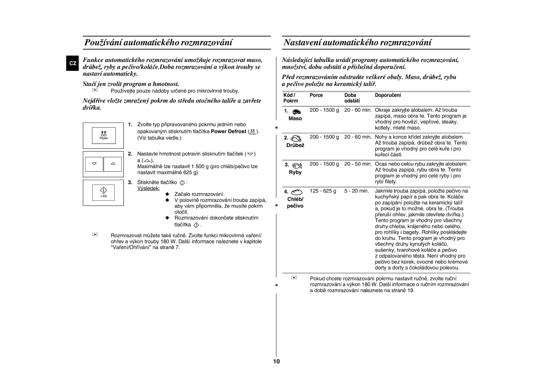 Samsung FG87KST/XEH manual Používání automatického rozmrazování, Nastavení automatického rozmrazování, Ryby, Pečivo 