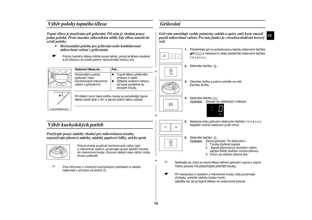 Samsung FG87KST/XEH manual Výběr polohy topného tělesa, Výběr kuchyňských potřeb, Grilování 