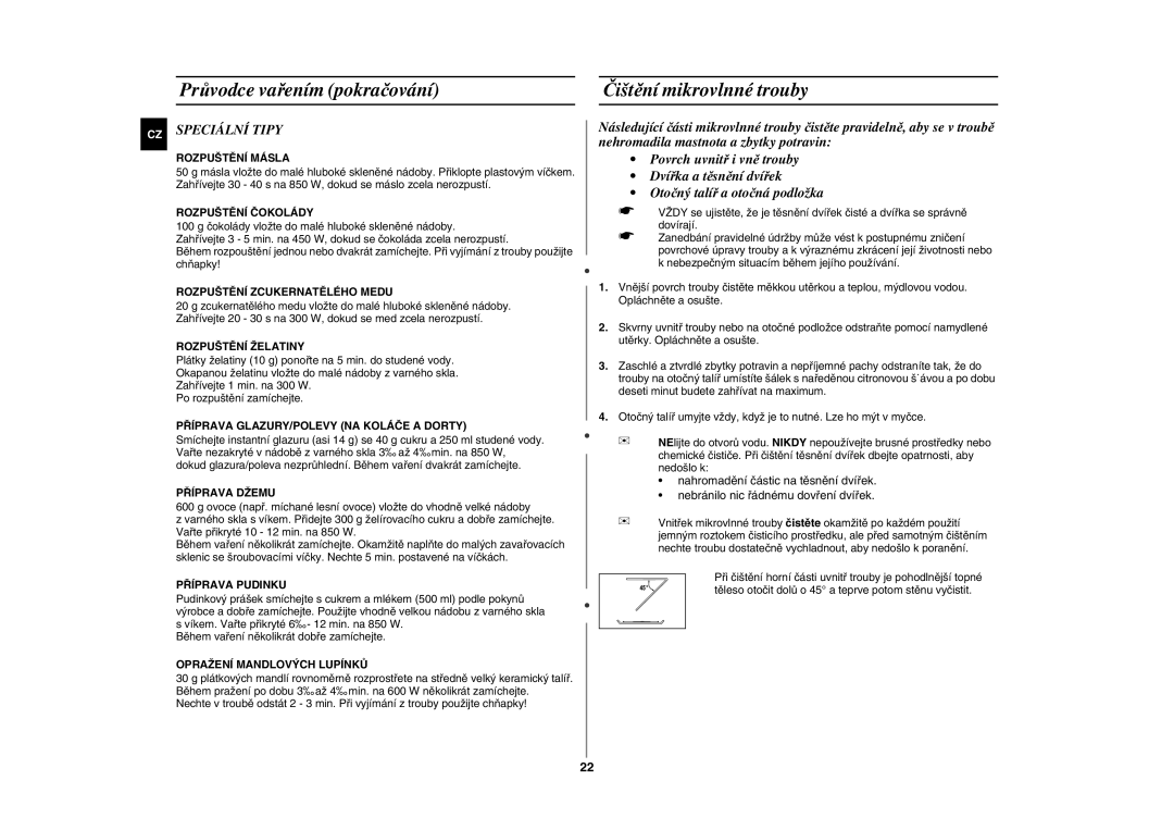 Samsung FG87KST/XEH manual Průvodce vařením pokračování Čištění mikrovlnné trouby, Speciální Tipy 