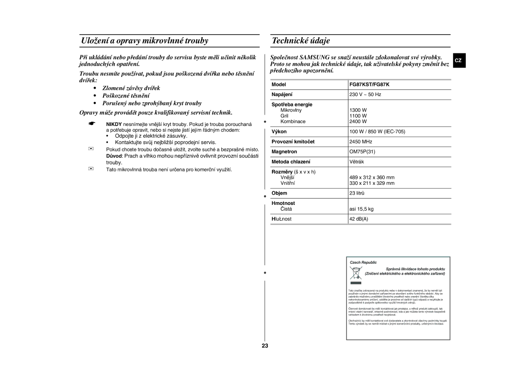 Samsung FG87KST/XEH manual Uložení a opravy mikrovlnné trouby, Technické údaje, FG87KST/FG87K 