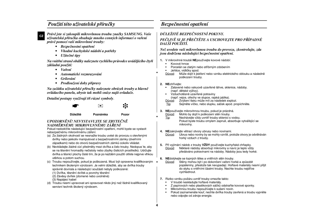 Samsung FG87KST/XEH manual Použití této uživatelské příručky, Bezpečnostní opatření, Důležité Poznámka 