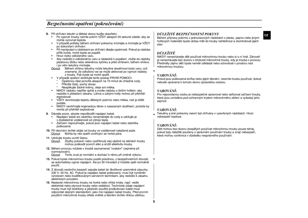 Samsung FG87KST/XEH manual Bezpečnostní opatření pokračování, Důležité Bezpečnostní Pokyny, Varování 