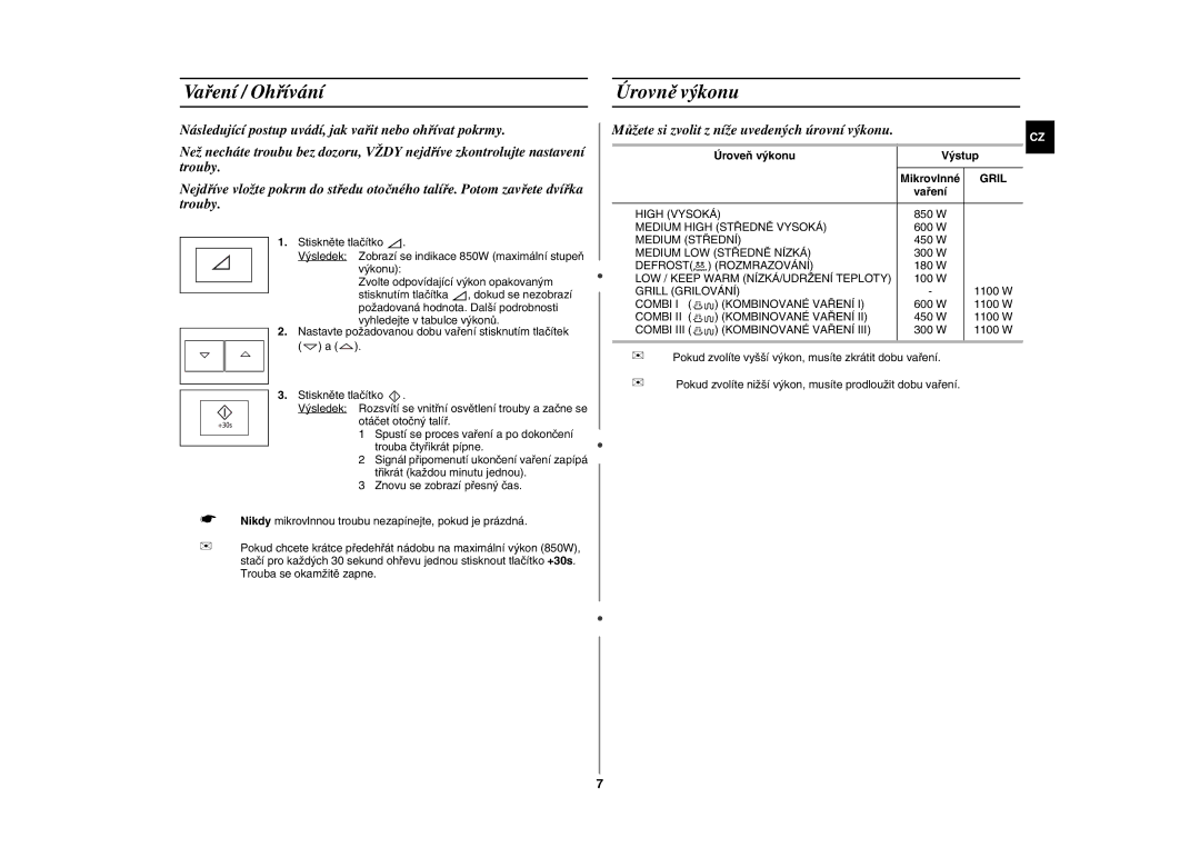 Samsung FG87KST/XEH manual Vaření / Ohřívání, Úrovně výkonu, Úroveň výkonu Výstup, Gril 