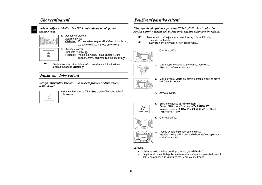 Samsung FG87KST/XEH manual Ukončení vaření, Nastavení doby vaření, Používání parního čištění, Uvnitř Trouby 