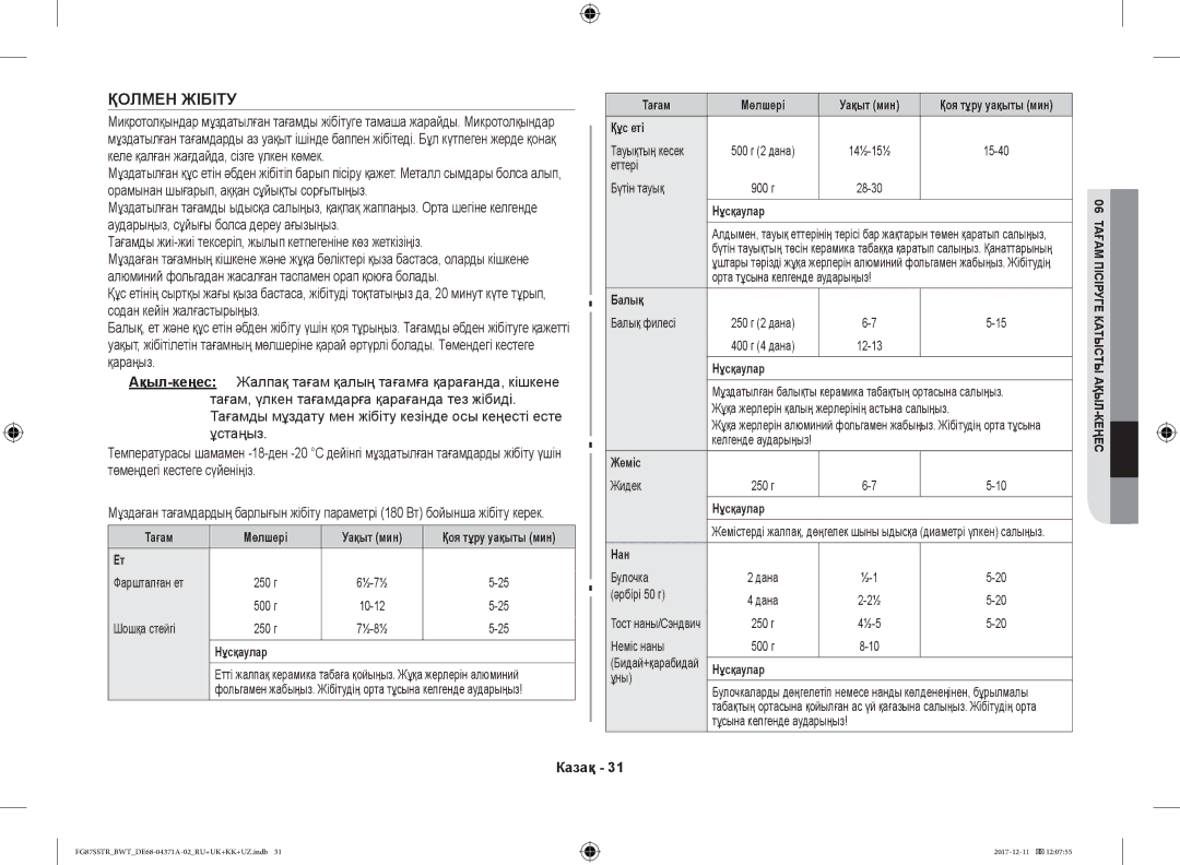 Samsung FG87SSTR/BWT manual Тағамды жиі-жиі тексеріп, жылып кетпегеніне көз жеткізіңіз, Тағам Мөлшері Уақыт мин, 15-40 