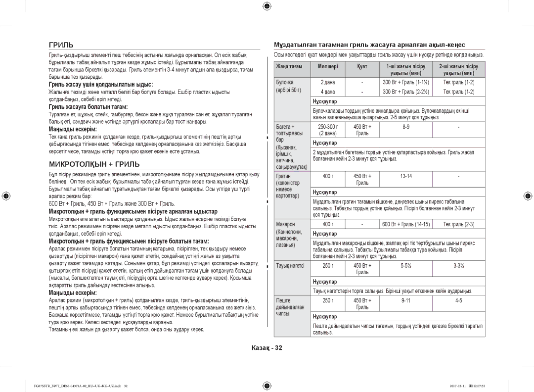 Samsung FG87SBTR/BW, FG87SSTR/BWT manual Гриль жасау үшін қолданылатын ыдыс, Гриль жасауға болатын тағам, Маңызды ескерім 