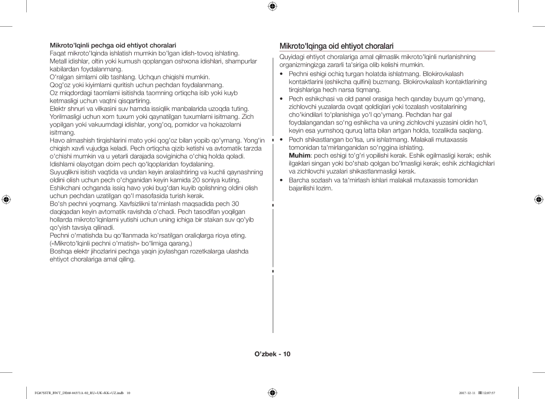 Samsung FG87SBTR/BW manual Mikrotolqinga oid ehtiyot choralari, Idishlarni olayotgan doim pech qolqoplaridan foydalaning 