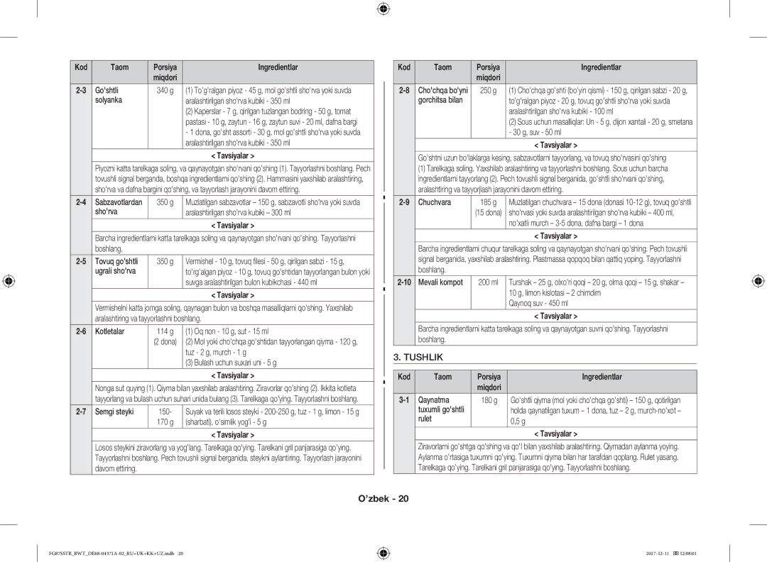 Samsung FG87SBTR/BW manual Tushlik, Aralashtirilgan shorva kubiki 100 ml, 30 g, suv 50 ml, 10 g, limon kislotasi 2 chimdim 