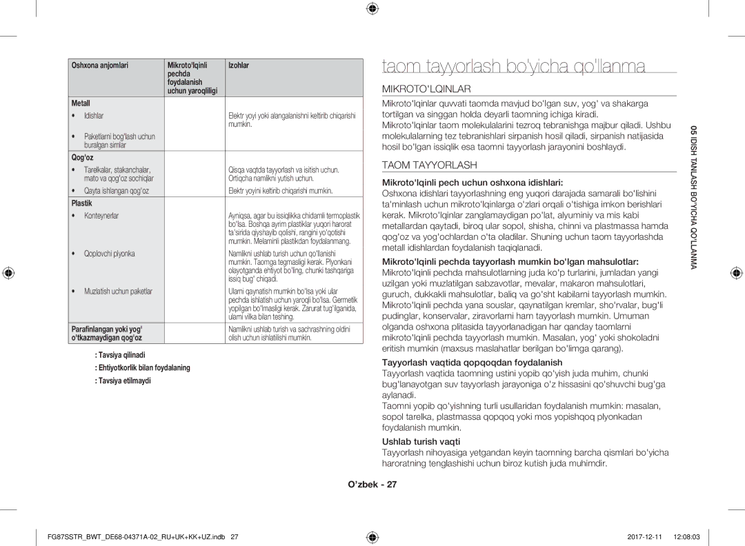 Samsung FG87SSTR/BWT, FG87SBTR/BW manual Taom tayyorlash boyicha qollanma, Mikrotolqinlar, Taom Tayyorlash 