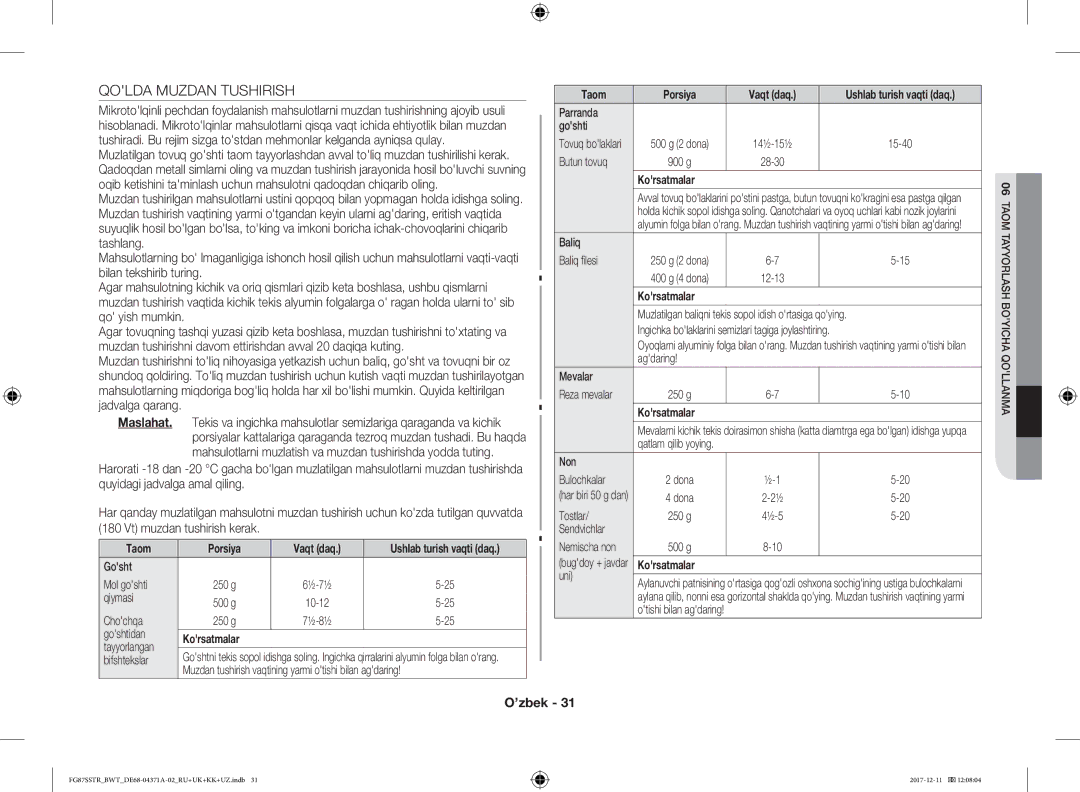 Samsung FG87SSTR/BWT, FG87SBTR/BW manual Qolda Muzdan Tushirish, Taom Porsiya Vaqt daq 