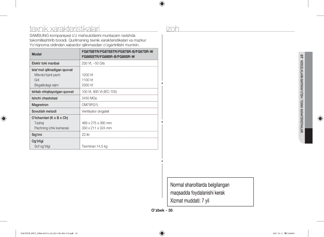 Samsung FG87SSTR/BWT, FG87SBTR/BW manual Texnik xarakteristikalari Izoh, Model 