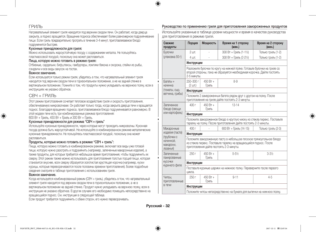 Samsung FG87SBTR/BW, FG87SSTR/BWT manual СВЧ + Гриль 