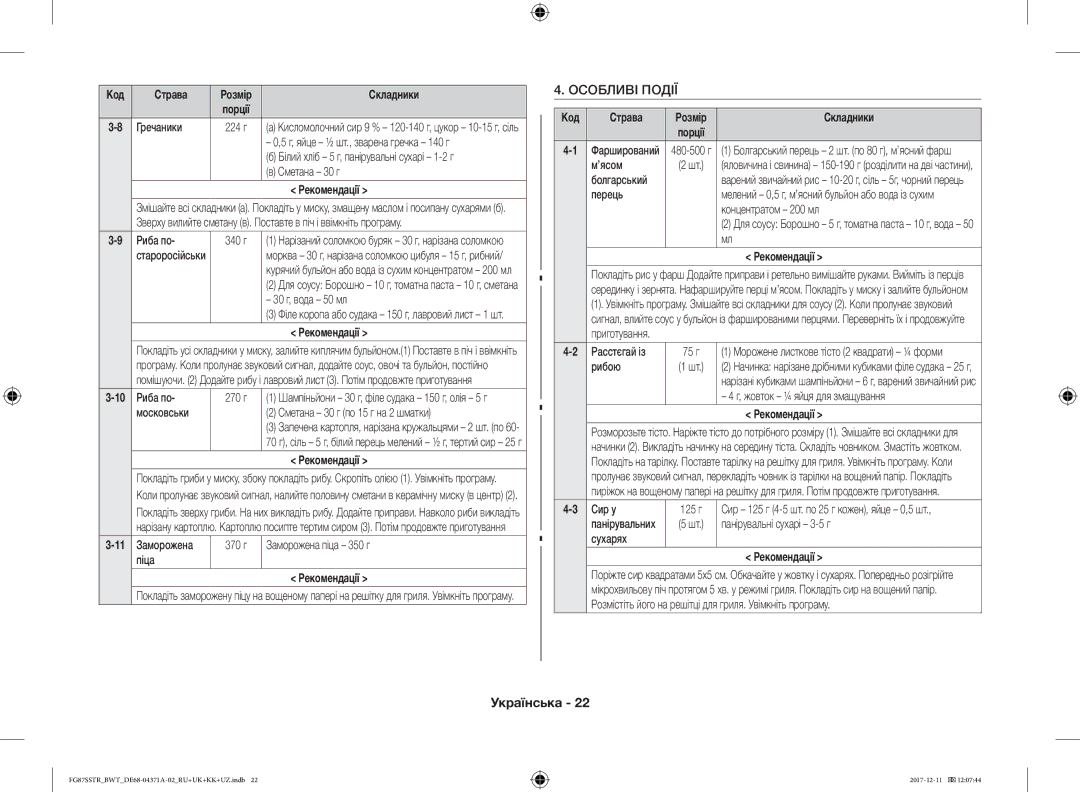 Samsung FG87SBTR/BW, FG87SSTR/BWT manual Особливі Події, Гречаники, Сметана 30 г 