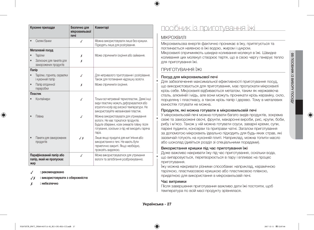 Samsung FG87SSTR/BWT, FG87SBTR/BW manual Посібник із приготування їжі, Мікрохвилі, Приготування ЇЖІ 