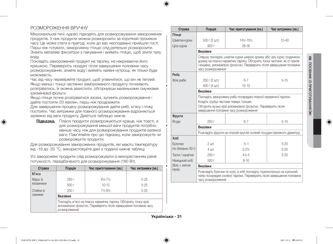 Samsung FG87SSTR/BWT, FG87SBTR/BW manual Розмороження Вручну 