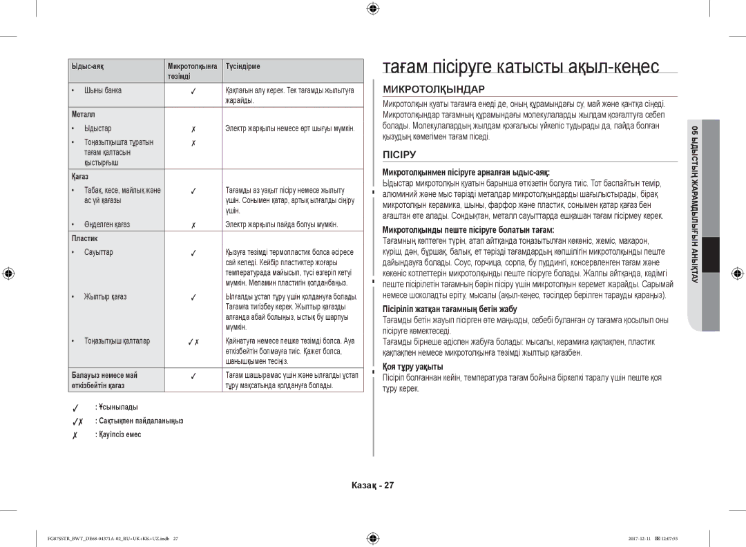 Samsung FG87SSTR/BWT, FG87SBTR/BW Микротолқынмен пісіруге арналған ыдыс-аяқ, Микротолқынды пеште пісіруге болатын тағам 