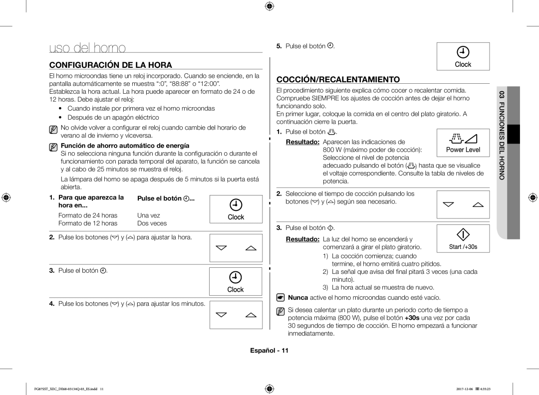 Samsung FG87SST/XEC manual Uso del horno, Configuración DE LA Hora, Cocción/Recalentamiento 