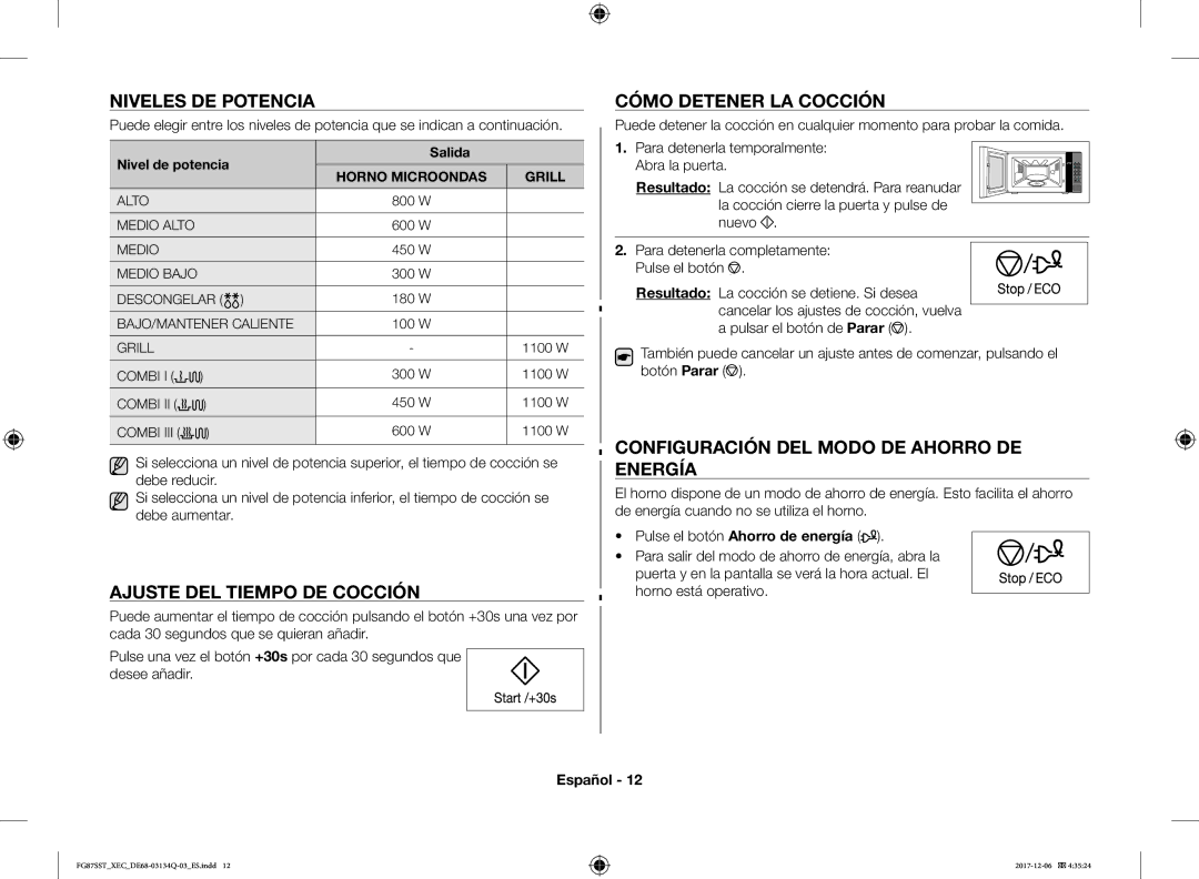 Samsung FG87SST/XEC Niveles DE Potencia, Ajuste DEL Tiempo DE Cocción, Cómo Detener LA Cocción, Nivel de potencia Salida 