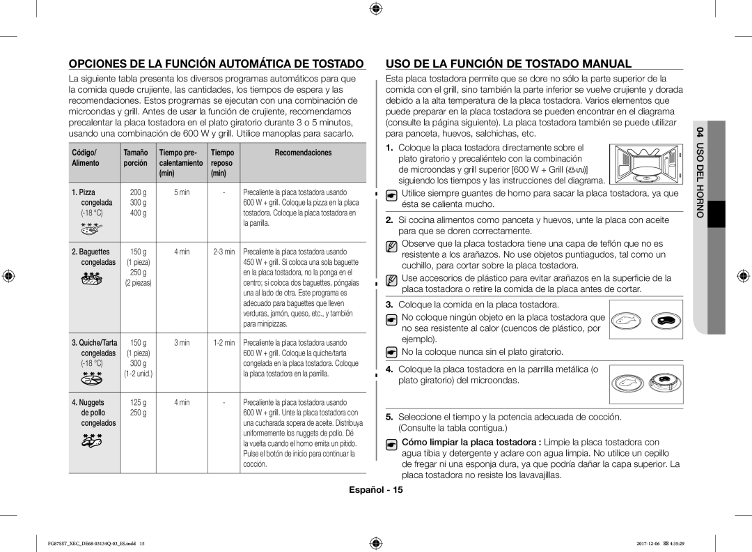 Samsung FG87SST/XEC manual Opciones DE LA Función Automática DE Tostado, USO DE LA Función DE Tostado Manual 