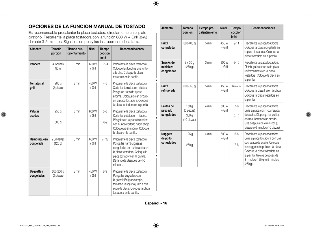 Samsung FG87SST/XEC manual Opciones DE LA Función Manual DE Tostado 