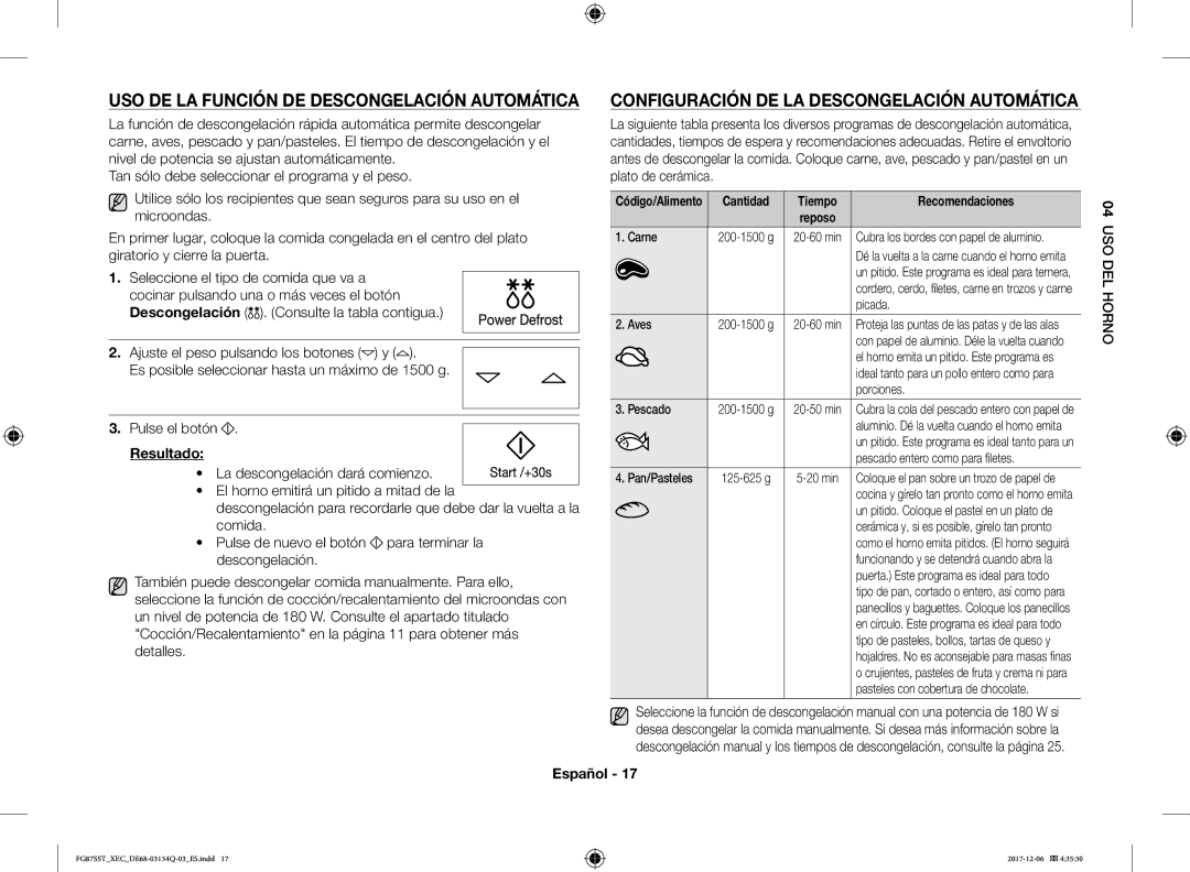 Samsung FG87SST/XEC manual USO DE LA Función DE Descongelación Automática, Resultado, Cantidad Tiempo Recomendaciones 