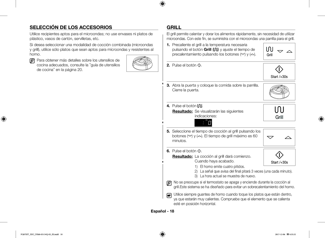 Samsung FG87SST/XEC manual Selección DE LOS Accesorios, Grill, Precaliente el grill a la temperatura necesaria 