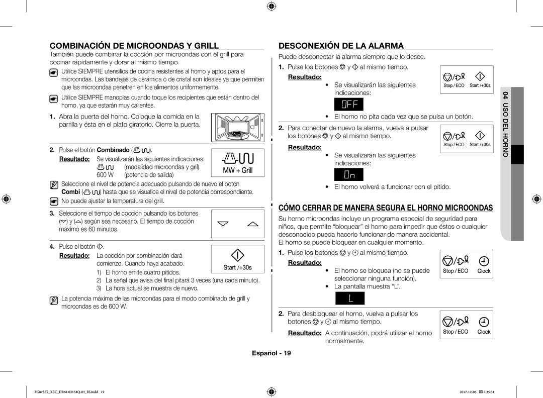 Samsung FG87SST/XEC manual Combinación DE Microondas Y Grill, Desconexión DE LA Alarma 