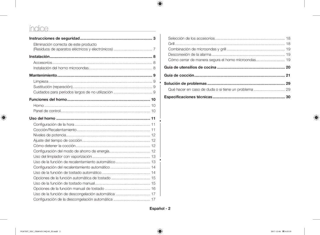 Samsung FG87SST/XEC manual Índice, Eliminación correcta de este producto, Español 