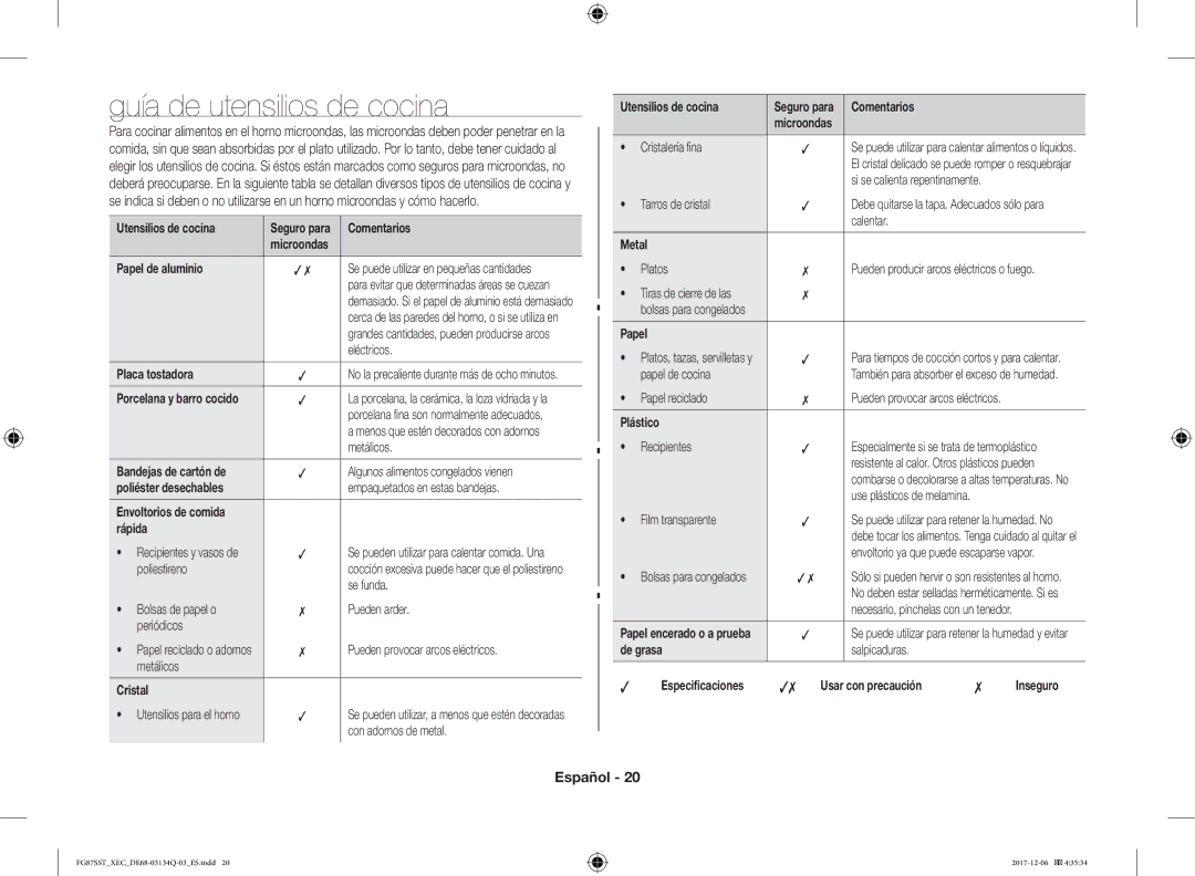 Samsung FG87SST/XEC manual Guía de utensilios de cocina 