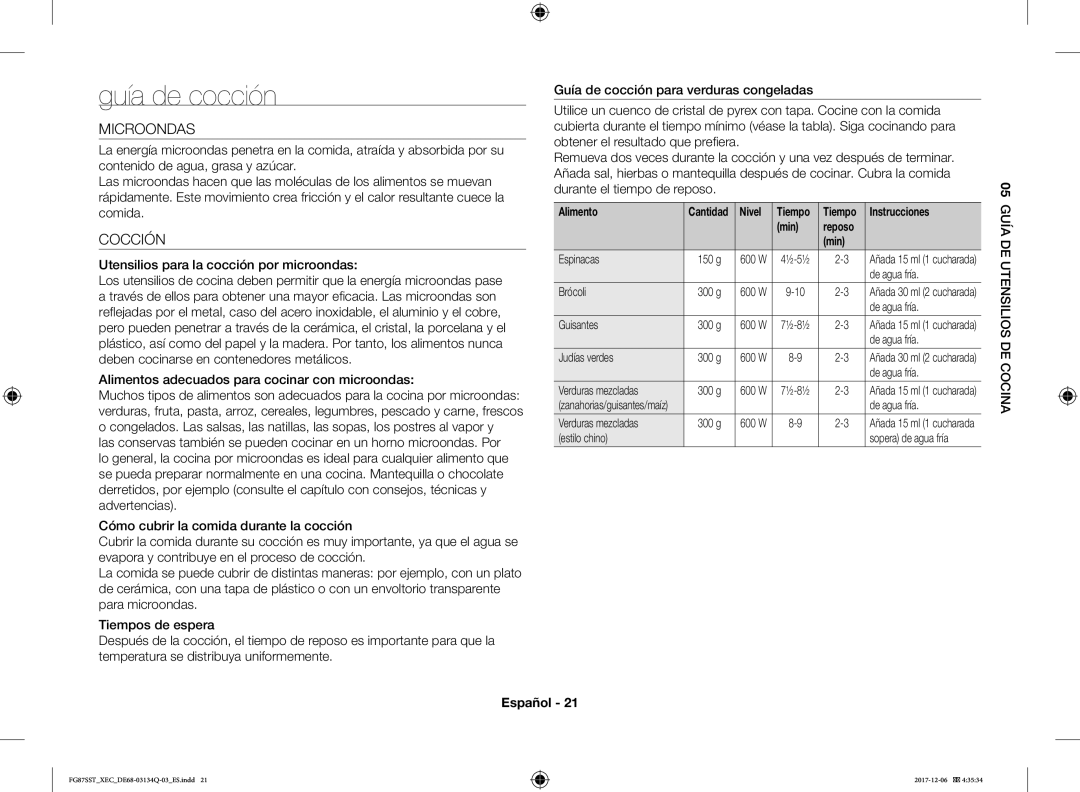 Samsung FG87SST/XEC manual Guía de cocción, Microondas, Cocción 