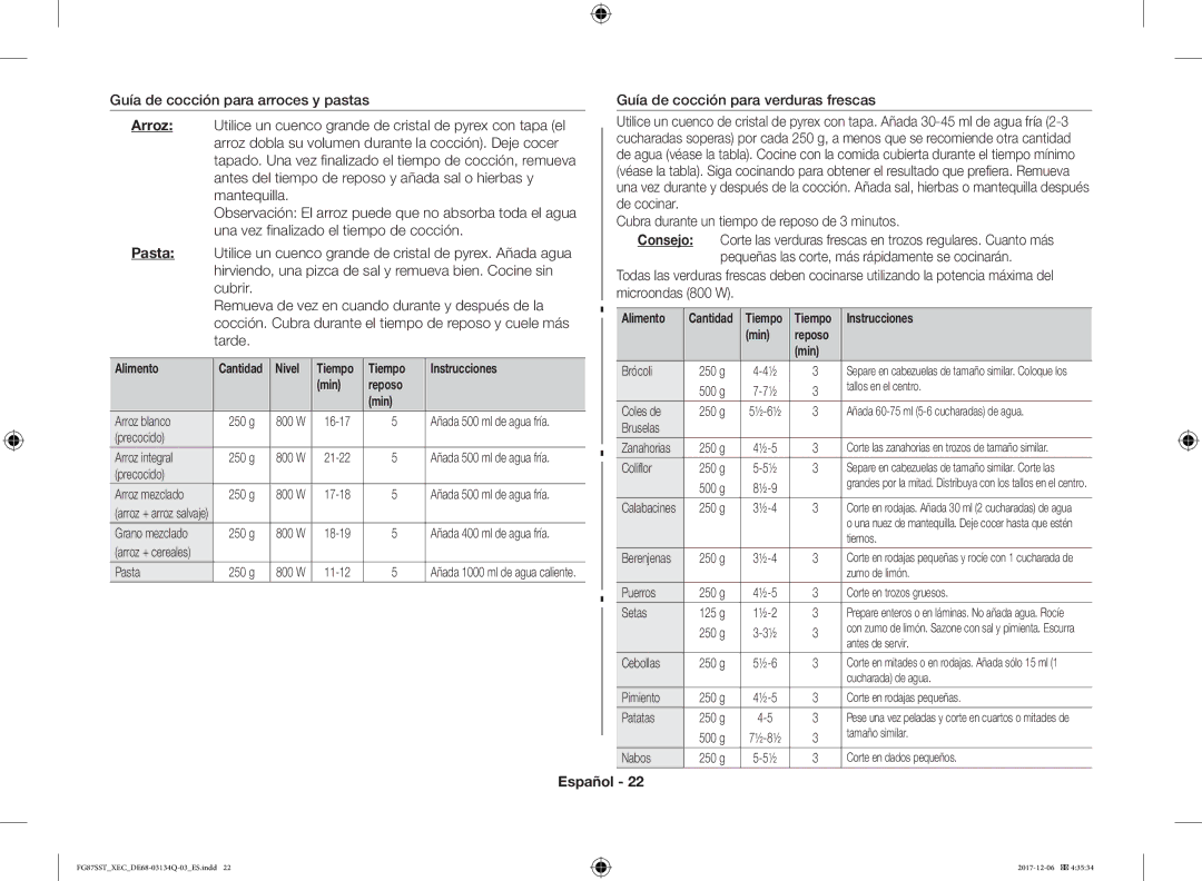 Samsung FG87SST/XEC manual Tiempo Instrucciones Min Reposo 