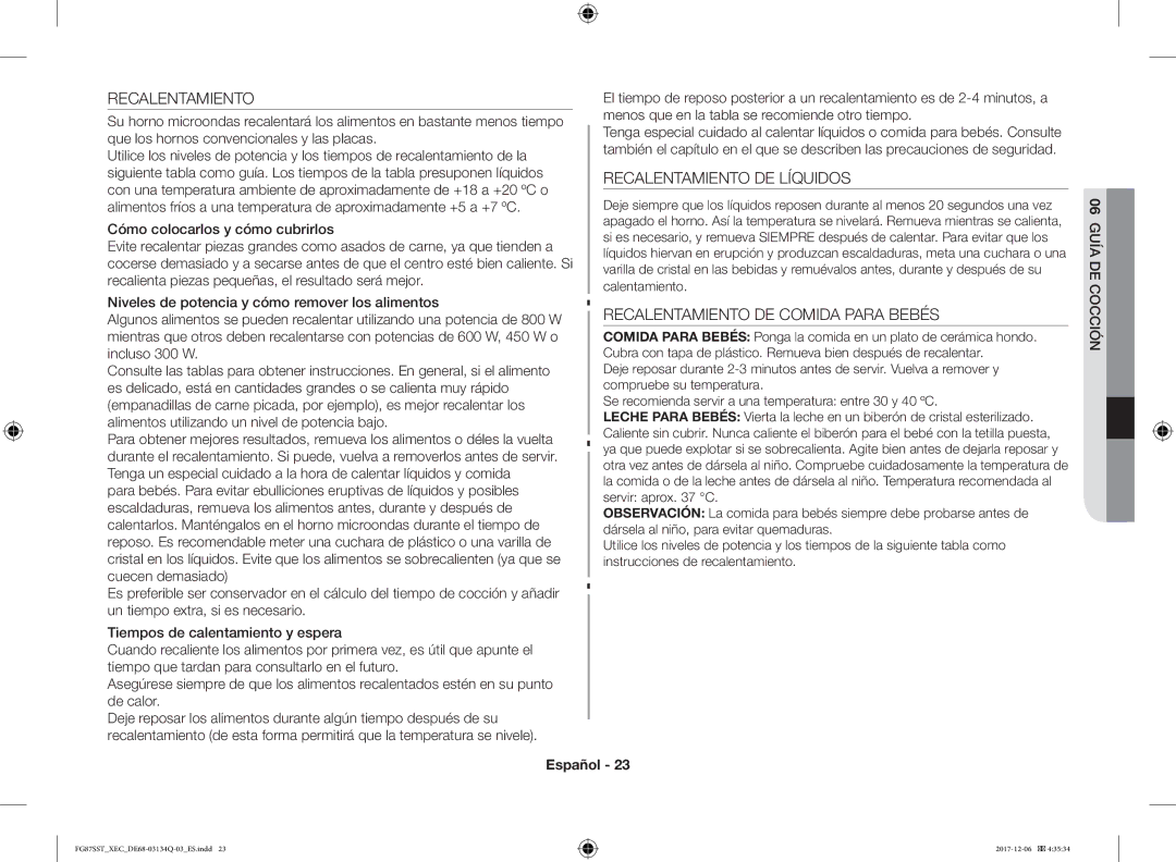 Samsung FG87SST/XEC manual Recalentamiento DE Líquidos, Recalentamiento DE Comida Para Bebés, Guía de06cocc 