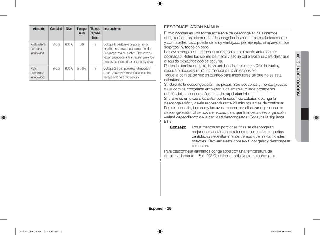 Samsung FG87SST/XEC manual Descongelación Manual, Con salsa, Plato, Transparente para microondas 