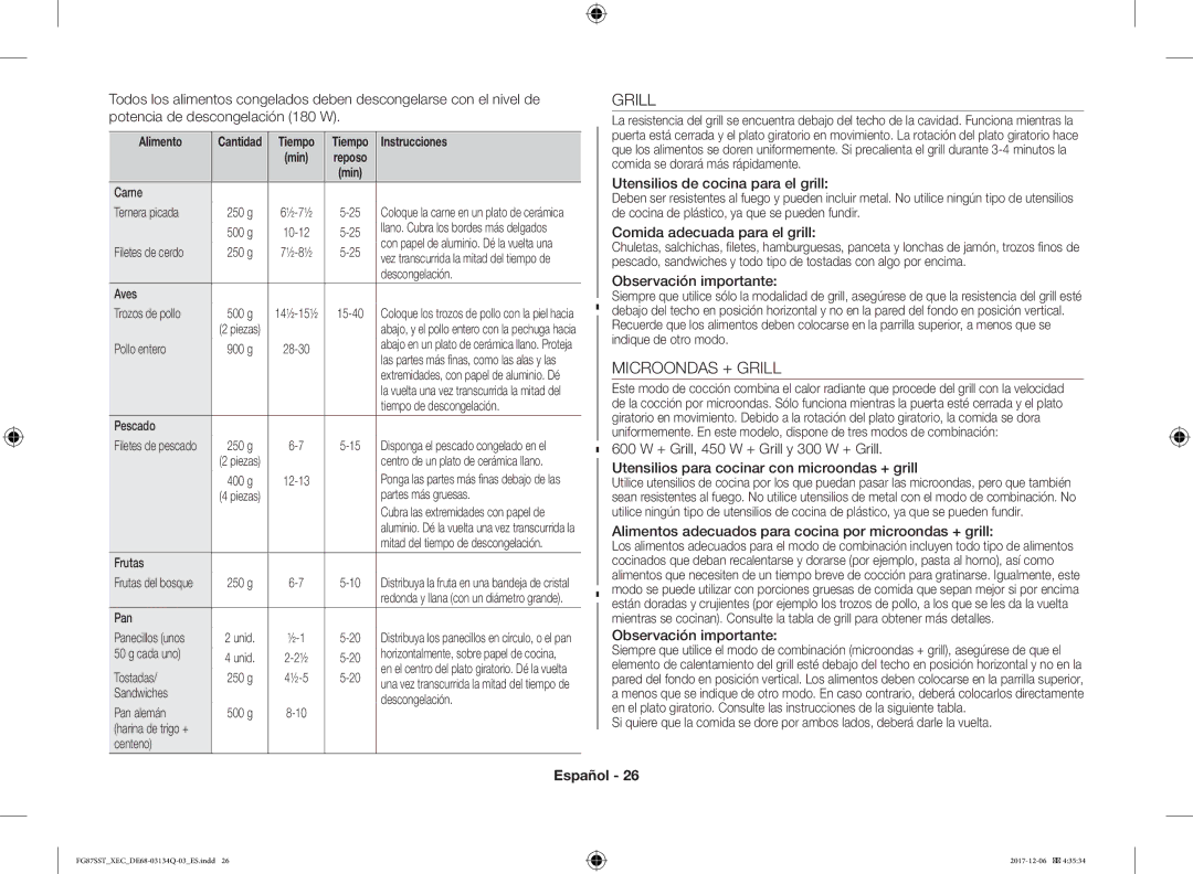 Samsung FG87SST/XEC manual Microondas + Grill 