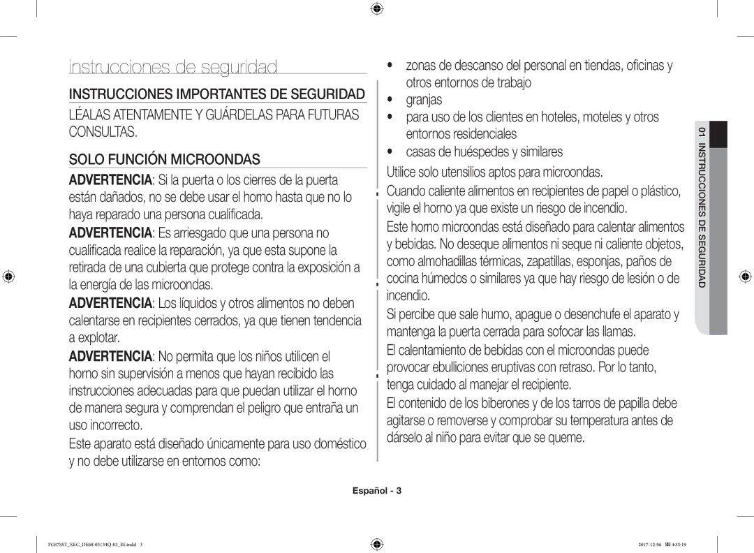 Samsung FG87SST/XEC manual Instrucciones de seguridad, Iones de segu01rInstucc 