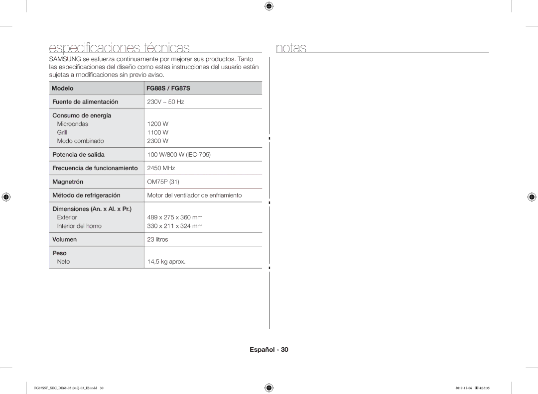 Samsung FG87SST/XEC manual Especificaciones técnicas Notas, Están, Sin previo aviso, Modelo FG88S / FG87S 