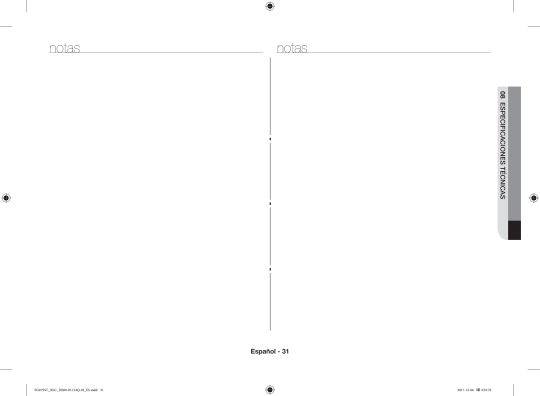 Samsung FG87SST/XEC manual Notas, Cas ionescacifitécnpecsE 