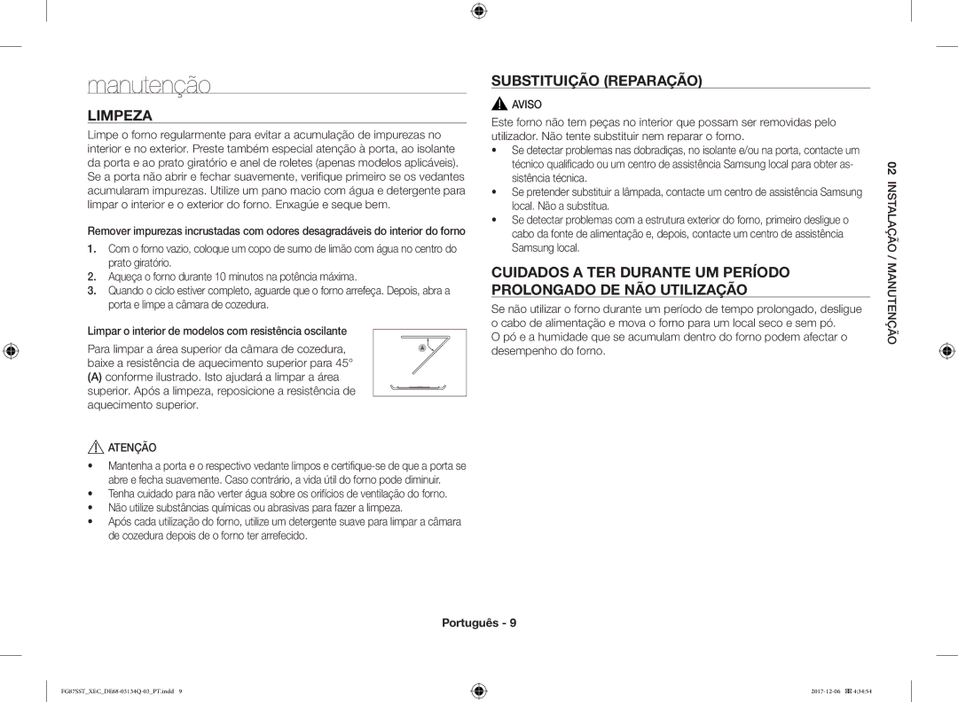 Samsung FG87SST/XEC manual Manutenção, Limpeza, Substituição Reparação 