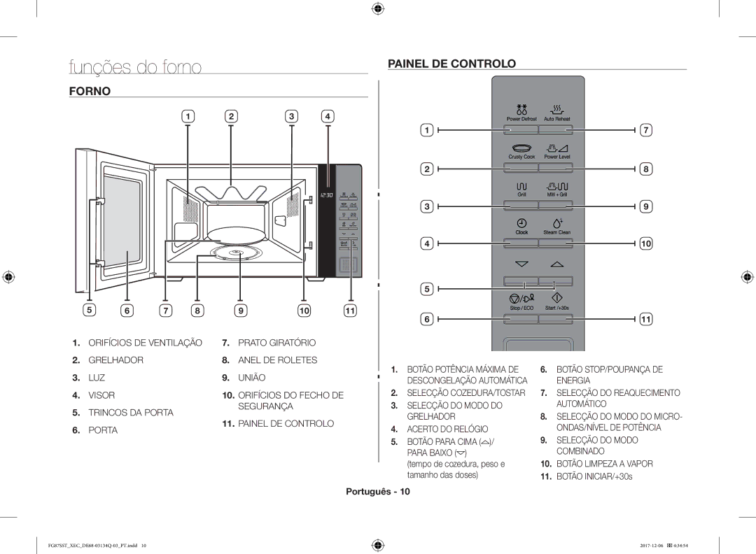 Samsung FG87SST/XEC manual Painel DE Controlo, Forno, Tempo de cozedura, peso e, Tamanho das doses Botão INICIAR/+30s 