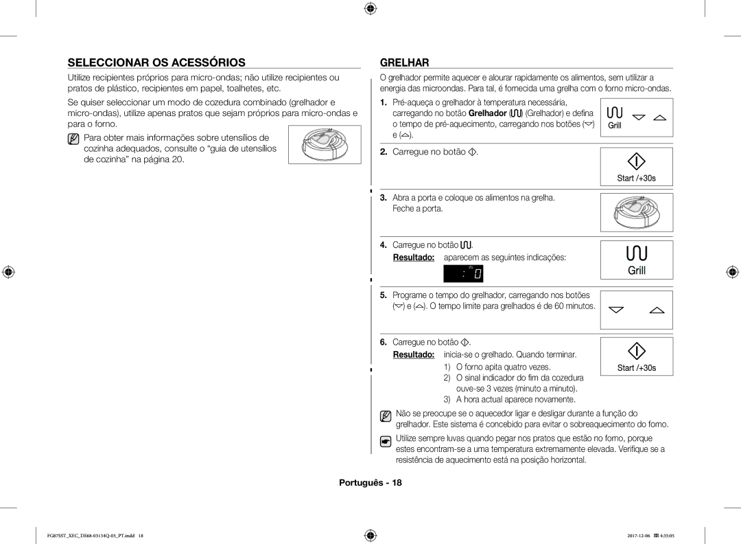 Samsung FG87SST/XEC manual Seleccionar OS Acessórios, Grelhar, Pré-aqueça o grelhador à temperatura necessária 