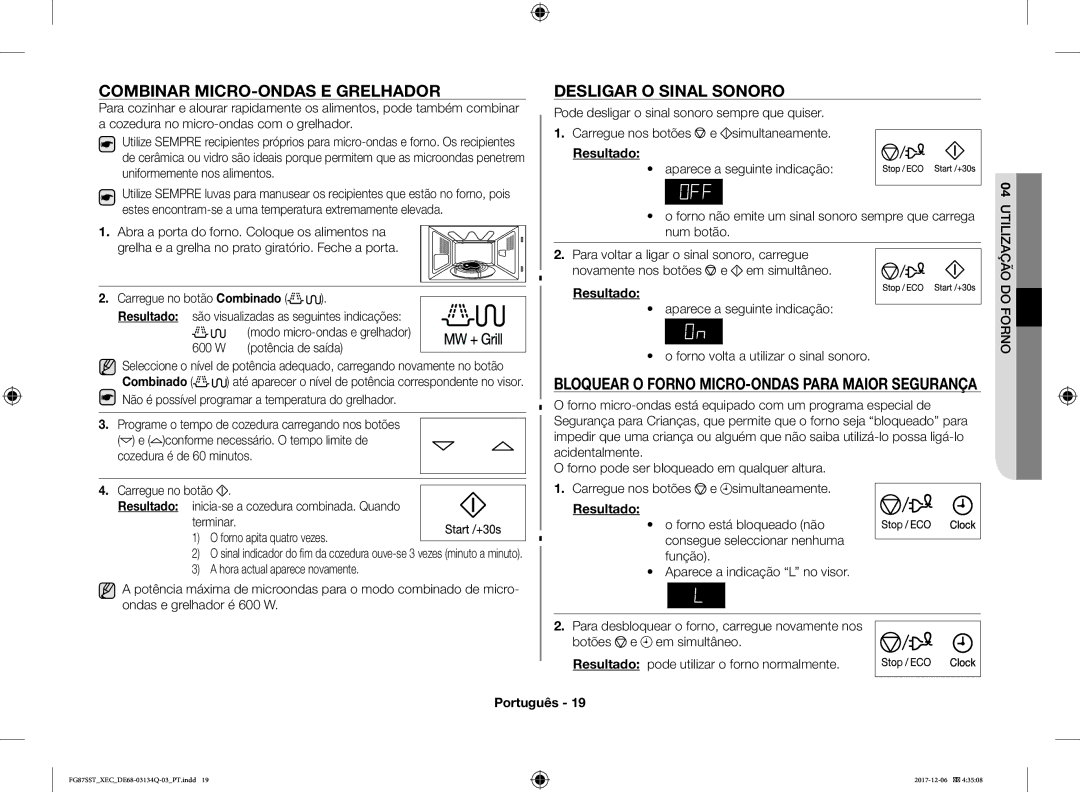 Samsung FG87SST/XEC manual Combinar MICRO-ONDAS E Grelhador, Desligar O Sinal Sonoro 