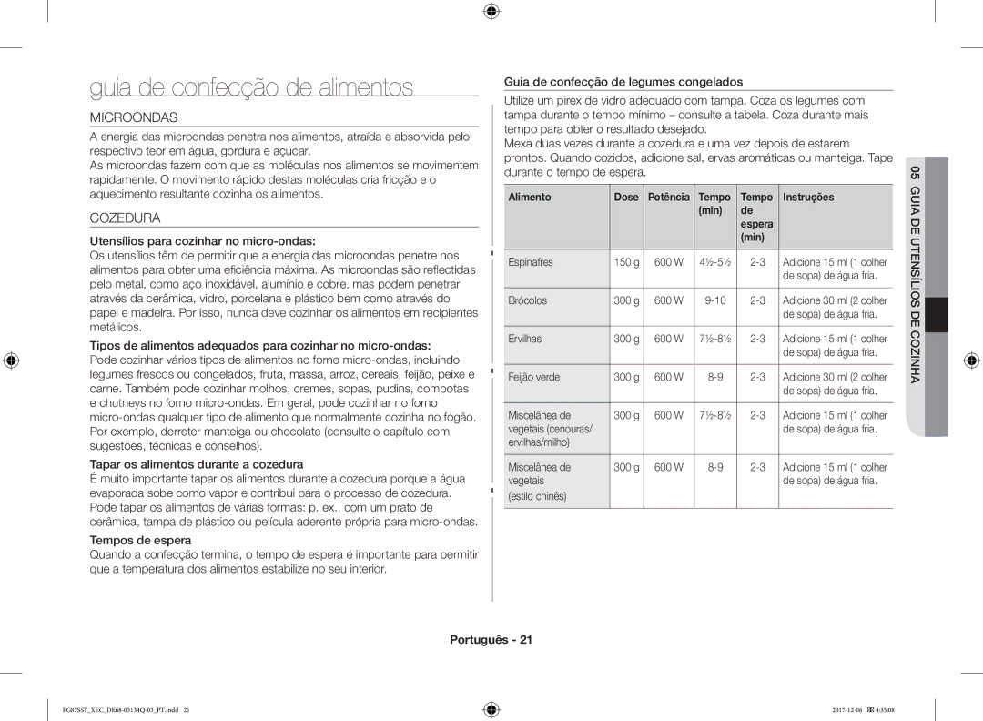 Samsung FG87SST/XEC manual Cozedura, Co s delio ia udeG 05utensí Znha, Alimento Dose, Tempo Instruções Min 