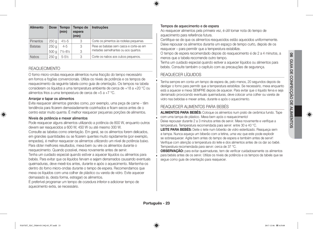 Samsung FG87SST/XEC manual Reaquecimento, Reaquecer Líquidos, Reaquecer Alimentos Para Bebés 