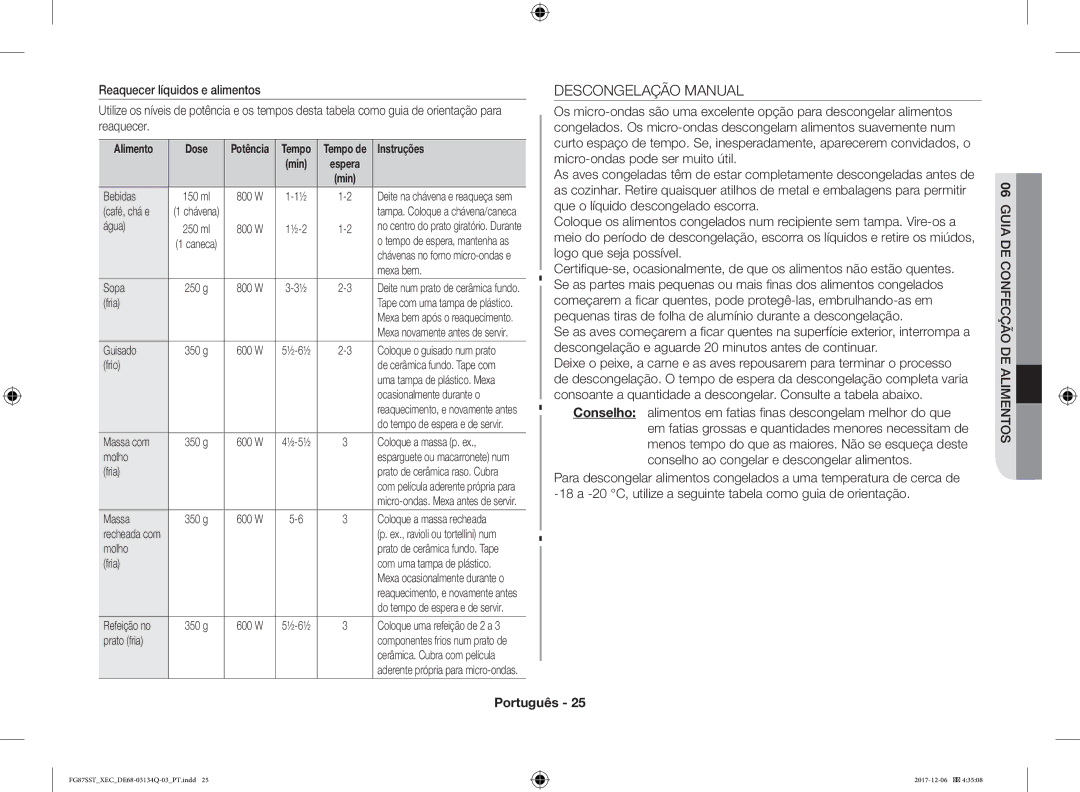 Samsung FG87SST/XEC manual Descongelação Manual 