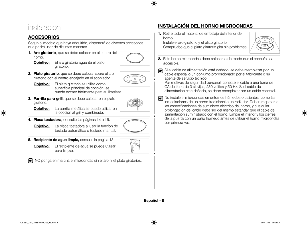 Samsung FG87SST/XEC manual Instalación DEL Horno Microondas, Retire todo el material de embalaje del interior del horno 