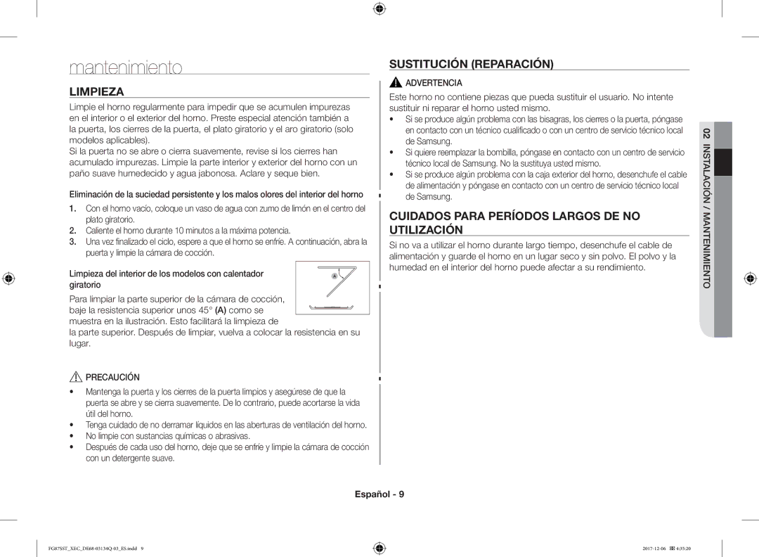 Samsung FG87SST/XEC manual Mantenimiento, Limpieza, Sustitución Reparación, Cuidados Para Períodos Largos DE no Utilización 