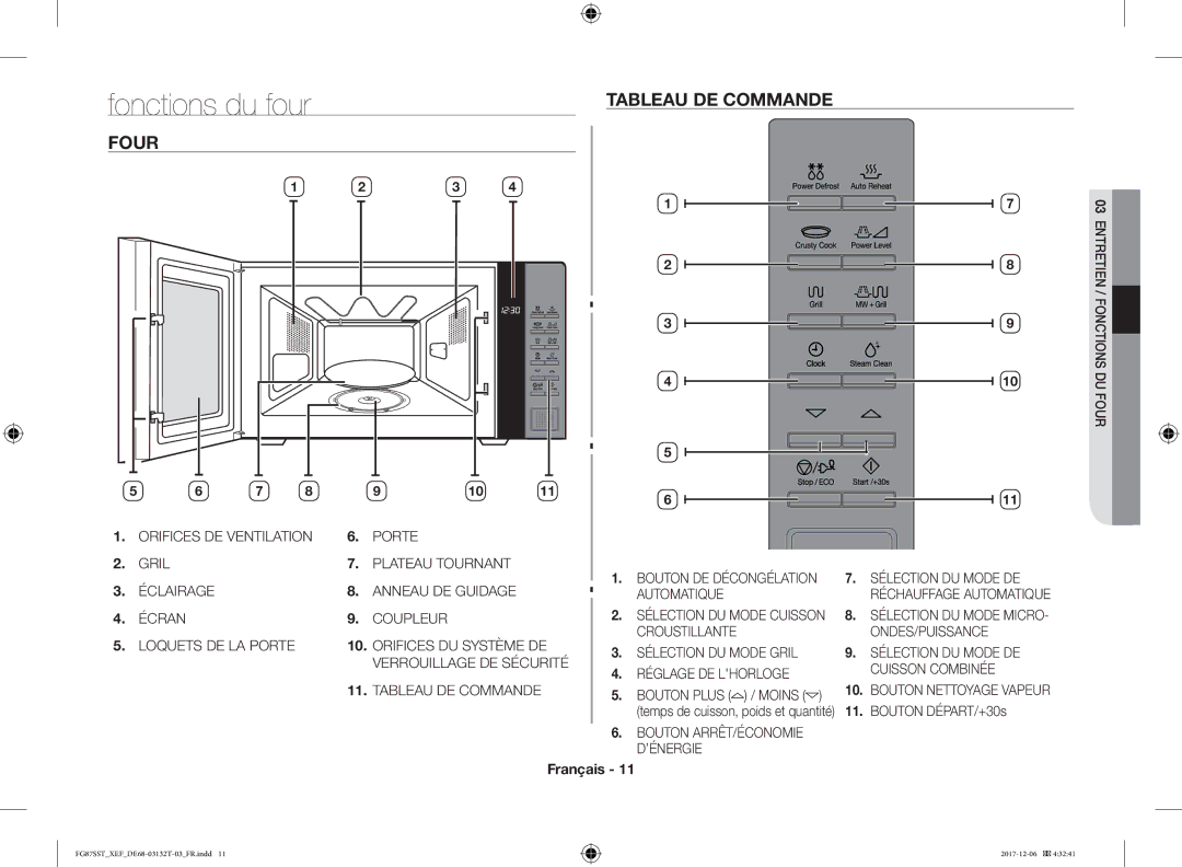 Samsung FG87SST/XEF manual Fonctions du four, Four Tableau DE Commande, Bouton DÉPART/+30s 